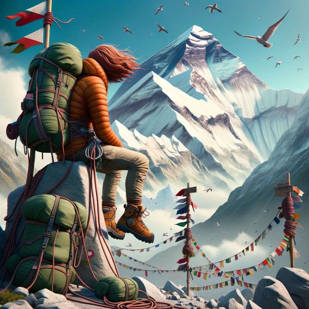 someone gazing at Mount Everest, digital art, faux-3D style